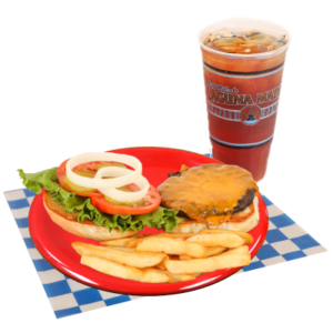 Cheeseburger with fries, lettuce, tomato, pickles, and an iced tea on a white and blue checker paper