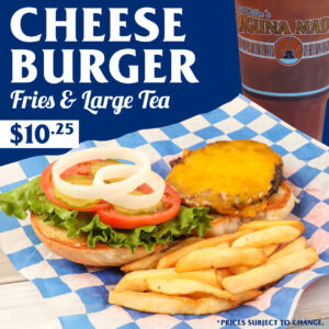 Cheeseburger Fries and Large tea. Price sticker $10.25. *Price subject to change. The image features a Cheeseburger with lettuce, tomatoes, pickles, and onions served with fries and a large tea. The burger is placed on a white and blue checkered paper on a wooden surface with a blue background.